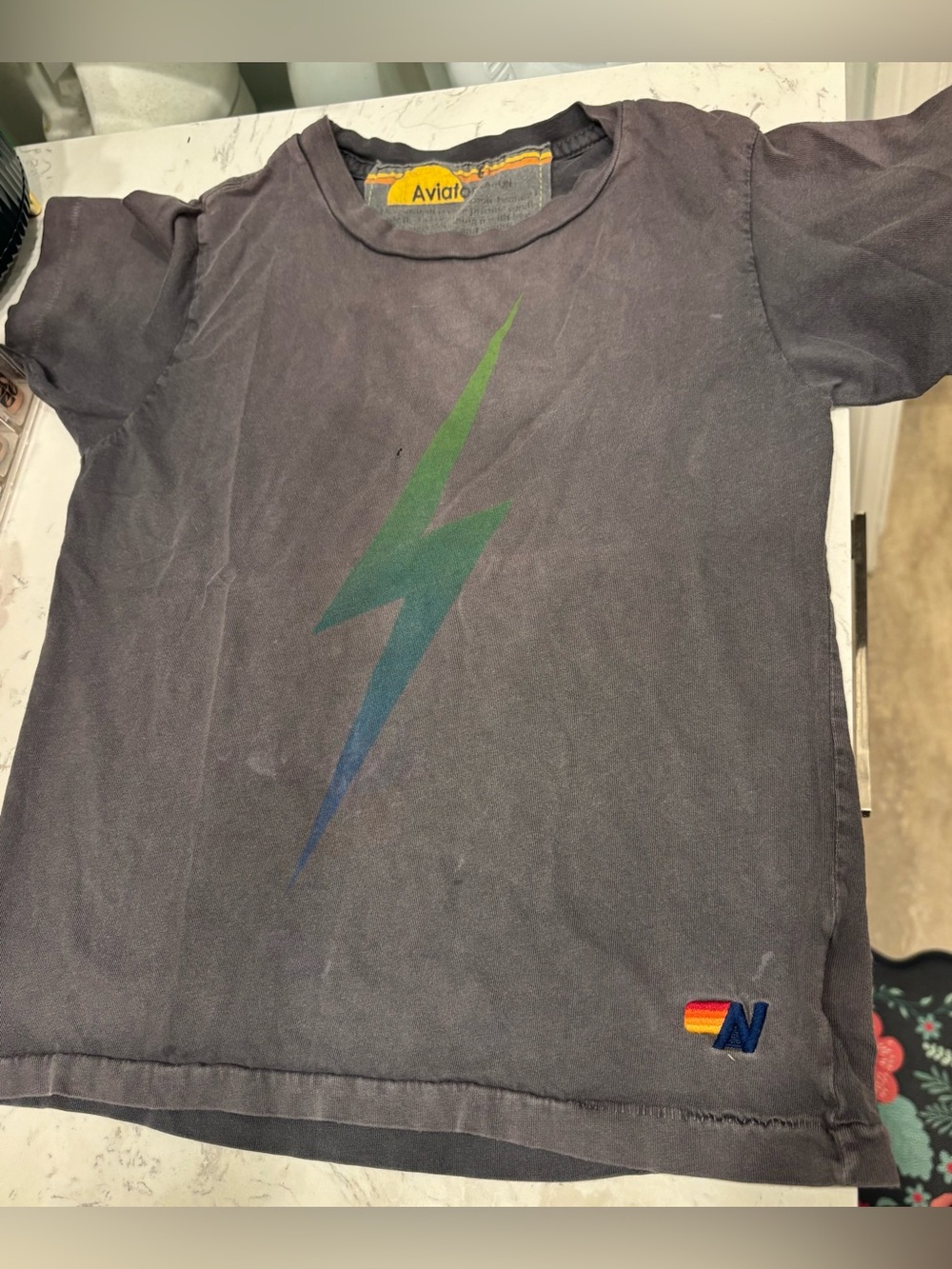 Aviator Nation Navy Kids Tee with Green-to-Blue Lightning Bolt
